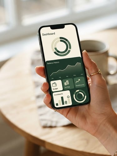 Close-up of a hand holding a smartphone showing a clean personal finance app dashboard with cream and forest green interface, soft natural daylight, 35mm
