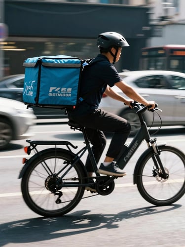 High-contrast daylight shot of a courier on an electric cargo bike weaving through city traffic, motion blur, dynamic low angle, 35mm lens
