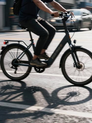 Dynamic low-angle shot of an electric cargo bike speeding through wet city streets, motion blur, high-contrast daylight with sharp shadows