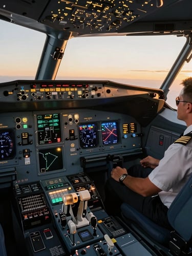Wide environmental shot of a commercial aircraft cockpit at sunrise, warm golden-hour light reflecting off clean instrument panels, a male pilot in uniform looking out the window, deep navy shadows.