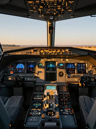 Dramatic golden-hour view of a commercial cockpit instrument panel, warm gold light casting high-contrast shadows across dials and flight controls, cinematic wide-angle perspective