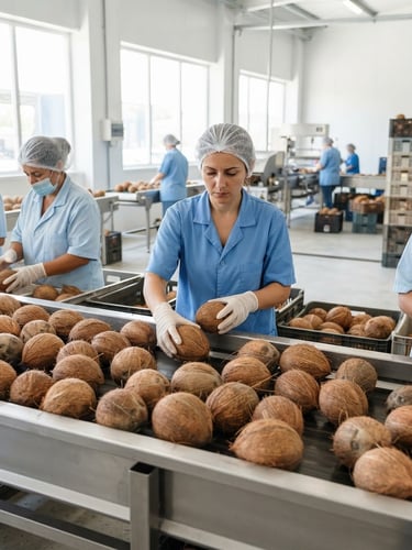 Crisp commercial product photography of freshly harvested coconuts being sorted in a bright, clean, modern processing facility, natural daylight, 50mm lens.