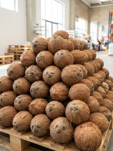 Crisp commercial product photography of whole husked coconuts stacked in a clean, sunlit warehouse, bright natural daylight, sharp focus