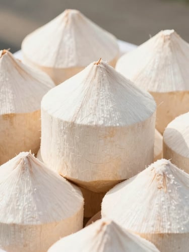 Close-up of clean semi-husked coconuts neatly stacked in a shipping crate, bright natural daylight, crisp commercial product photography