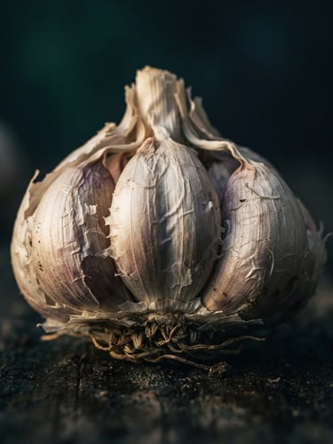 Foto makro bawang putih segar dengan pencahayaan dramatis, detail tekstur, latar belakang gelap.