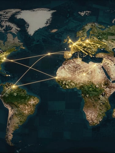 Stylized world map showing intricate trade routes, glowing lines connecting Southeast Asia to Middle East and Africa, with a subtle overlay of satellite imagery of agricultural fields at golden hour. Cinematic editorial photography, dramatic golden hour light, deep emerald and navy tones, shallow depth of field, 35mm.