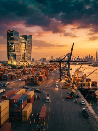 Pemandangan panorama kantor pusat modern Nusantara Suffa di Dubai, dengan aktivitas perdagangan di pelabuhan Al Aweer saat matahari terbenam, kontainer kargo dan kapal, cinematic editorial photography, dramatic golden hour light, deep emerald and navy tones, shallow depth of field, 35mm