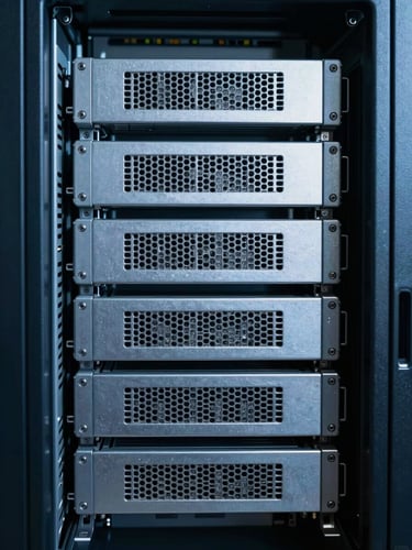 Symmetrical macro photograph of clean server rack infrastructure, cool clinical blue daylight, sharp geometric shadows emphasizing structural precision.