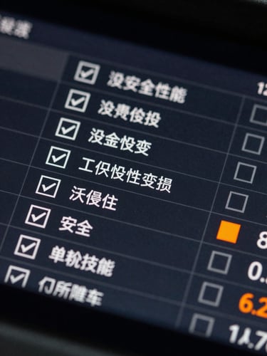 Extreme macro close-up of a high-resolution dark mode digital dashboard displaying compliance checkmarks, clean technical grids, and a single safety-orange indicator showing passed status.