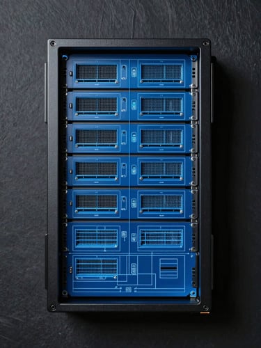 Symmetrical technical blueprint schematic of a server rack, cool clinical blue lines on a dark slate background, sharp shadows.