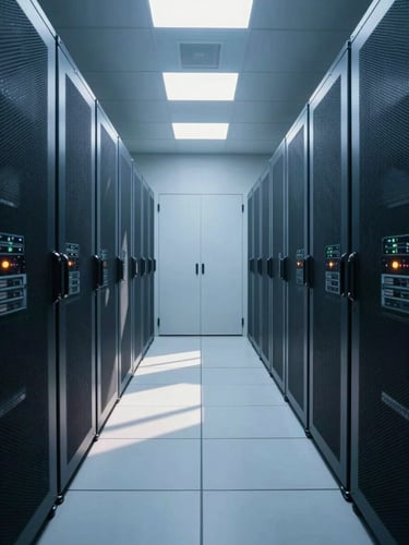 Symmetrical wide-angle shot of a clean, clinical server room with architectural symmetry, cool blue daylight-balanced lighting, sharp defined shadows, and subtle safety-orange status indicator lights.