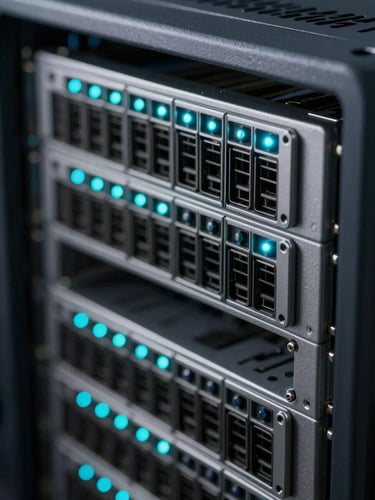 Extreme macro close-up of a clean server rack interface, glowing cyan indicator lights, sharp clinical shadows, technical precision layout