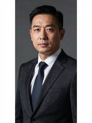 Close-frame professional studio portrait of a male attorney in a dark tailored suit, neutral charcoal background, hard directional studio light casting sharp shadows on one side of the face, direct authoritative gaze toward the camera, no smile, formal posture, no props