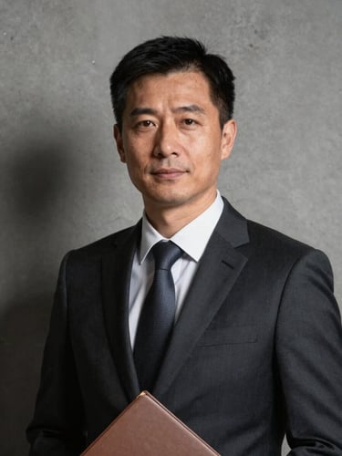 Close-up three-quarter portrait of a male attorney in a dark suit against a neutral stone-grey studio wall, hard directional studio light from upper left casting a precise shadow, direct gaze at camera, no smile, closed case file held at his side — professional authority