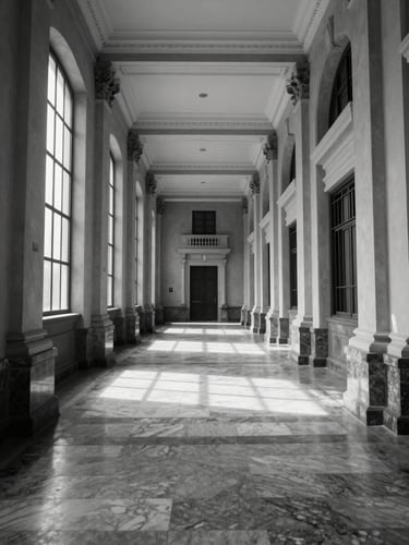 Wide interior of an Ecuadorian courthouse hallway, high ceilings with classical columns, hard natural light cutting through tall windows at a steep angle, empty marble floor, severe architectural symmetry, no people, black and white tonal range