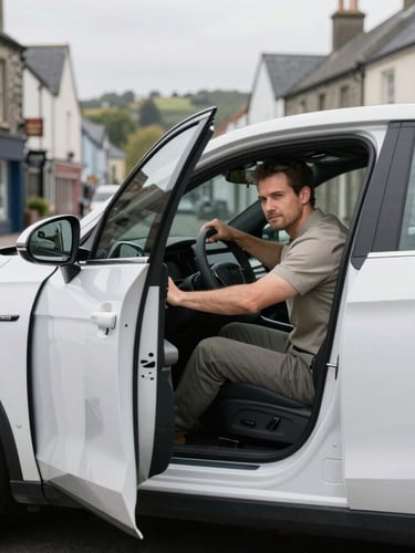 A professional driver in smart-casual attire opening the passenger door of a clean modern sedan, soft overcast daylight, natural Welsh town street background, realistic automotive photography.