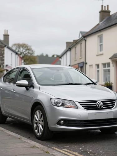 A clean silver multi-purpose sedan parked on a quiet Welsh town street, soft overcast daylight, realistic automotive photography, 35mm lens