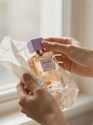Elegant hands carefully unboxing a premium perfume bottle wrapped in delicate tissue paper, warm diffused window light