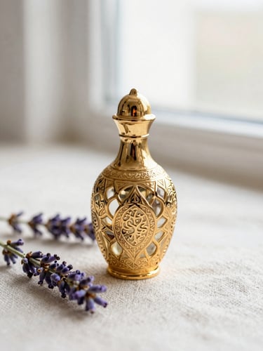 Close-up of an ornate gold Arabic perfume bottle on textured linen, soft morning light, lavender sprig, shallow depth of field
