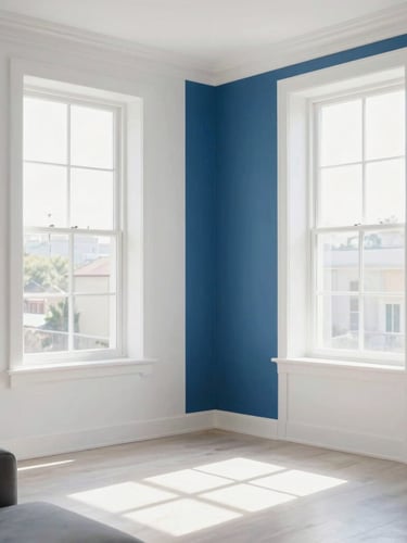 Sun-drenched, immaculate modern living room interior, bright natural morning daylight streaming through windows, crisp white walls and deep blue accents, 35mm.