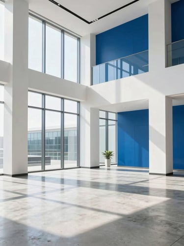 Sun-drenched modern commercial office lobby with gleaming concrete floors, natural morning light streaming through high windows, crisp clean whites and deep blues, sharp focus, 35mm