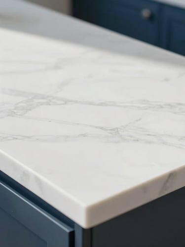 Macro close-up of a gleaming white marble kitchen countertop, pristine and spotless, natural morning daylight casting soft shadows, sharp focus, 35mm