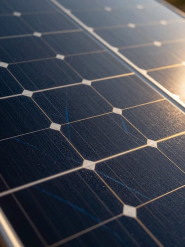 Close-up macro shot of premium monocrystalline silicon cells with precise gold busbars under dramatic high-contrast lighting, 35mm
