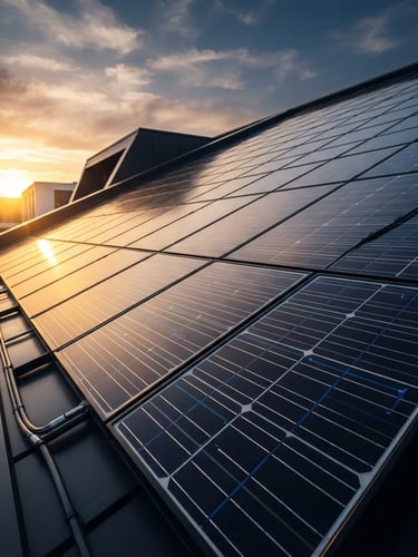 Low-angle heroic shot of premium monocrystalline silicon solar cells on a sleek dark architectural roof, golden-hour reflections on glass, deep obsidian shadows, electric blue accents, 35mm