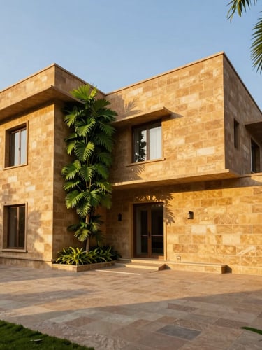 Wide-angle architectural elevation of a modern Jaipur villa, warm sandstone walls, crisp golden-hour sunlight casting long shadows, rich emerald foliage accents.