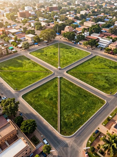 High-resolution drone photography of structured, JDA-approved land plots in Jaipur, clean geometric boundaries, bright midday sun highlighting access roads and surrounding green landscape.
