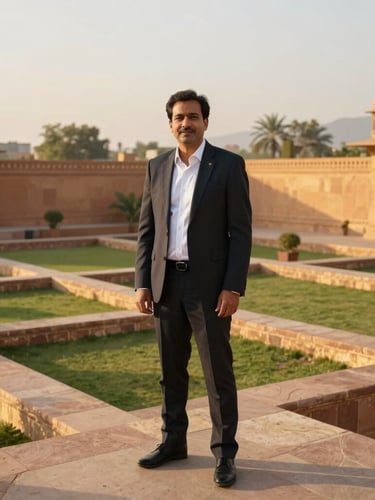 Crisp professional environmental portrait of a real estate advisor standing on a structured land plot in Jaipur, golden-hour light