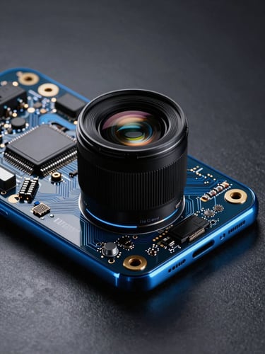 A crisp macro photograph of a flagship smartphone circuit board with electric blue rim lighting on a dark metallic background, 85mm lens