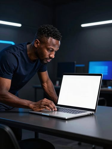 A professional Nigerian technician in a modern, well-lit Lagos workspace inspecting a high-end laptop, high contrast, 85mm lens