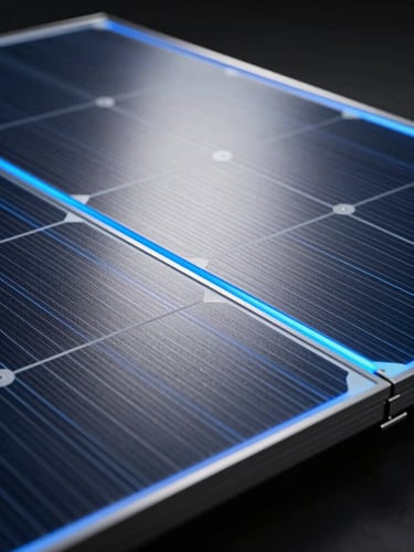 Crisp macro shot of a premium monocrystalline solar panel, dark textured metallic surface, electric blue rim lighting, 85mm lens