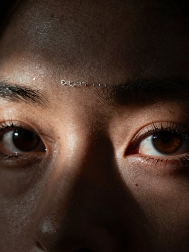 Extreme close-up of MoonJX17's eyes in low-light chiaroscuro, harsh key light reflecting off a silver chain, gritty analog grain.