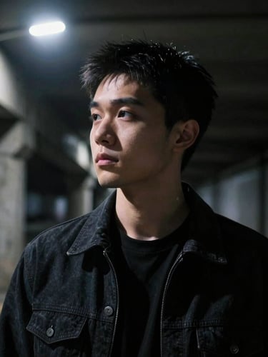 High-contrast chiaroscuro portrait of MoonJX17 in low light, harsh streetlamp glow hitting the side of his face, concrete underpass background, cinematic 16:9 crop.