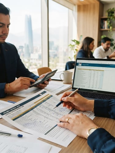 Equipo de contadores chilenos en una oficina moderna y luminosa en Santiago, revisando documentos contables con un laptop abierto, con luz natural de ventana, enfoque en las manos y los documentos, estilo editorial cálido.