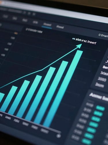 Close-up of a dark mode analytics dashboard showing upward-trending bar charts and neon-cyan conversion metrics, high-contrast studio lighting