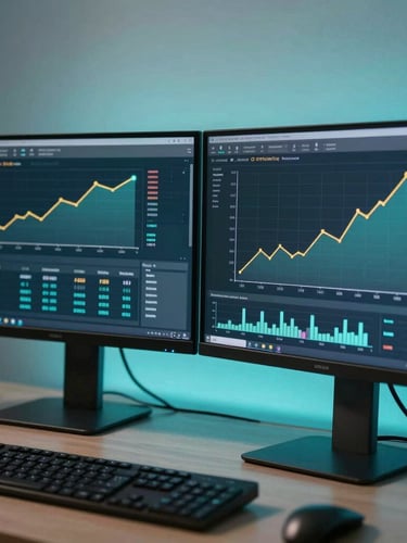 Close-up of a modern workspace in Dubai at night, dual monitors showing real-time analytics dashboards with upward trends, soft cyan backlight.