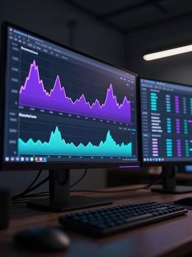 Dynamic low-angle shot of a dark-mode analytics dashboard on a dual-monitor setup, glowing with neon violet and cyan trend lines, high contrast, moody ambient office lighting.