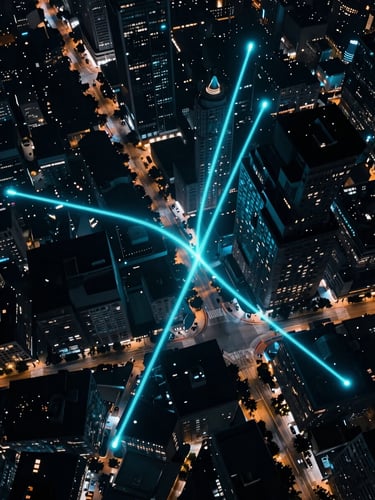 Overhead bird's-eye cityscape at night with glowing electric cyan light trails mapping GPS routes, dark navy ambient tone.