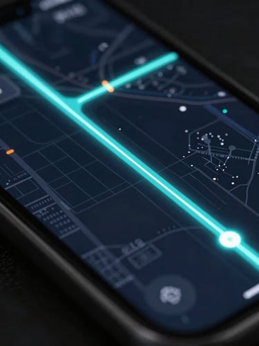 Macro shot of a sleek dark-mode mobile driver interface showing real-time GPS routes, high-contrast neon reflections, glowing electric cyan telemetry lines on a dark city grid.