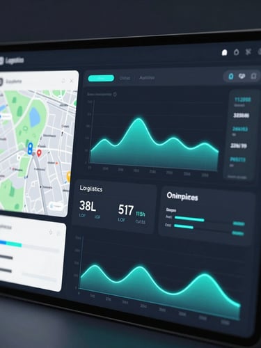 Sleek dark-mode logistics dashboard interface with glowing electric cyan telemetry graphs, real-time map overlays, and modern data visualization widgets