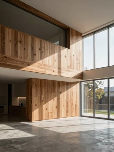 Interior of a modernist condo featuring clean horizontal lines, original timber detailing, concrete floor, and large windows with natural directional daylight