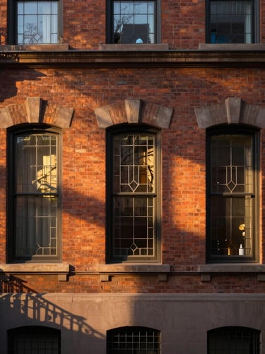 Straight-on architectural elevation of a historic brick brownstone facade at golden hour, warm light reflecting off original leaded glass windows, deep shadows.