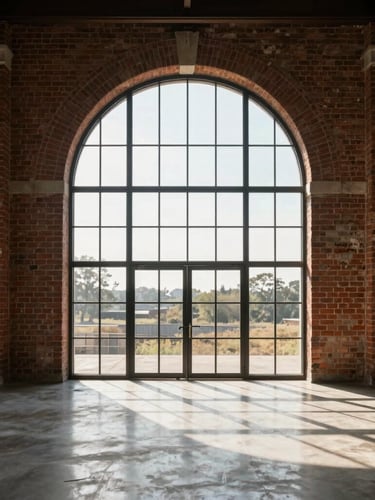Straight-on architectural elevation of a massive arched timber-framed window in a restored brick mill, afternoon sunlight casting long shadows on polished concrete floors, minimalist interior.
