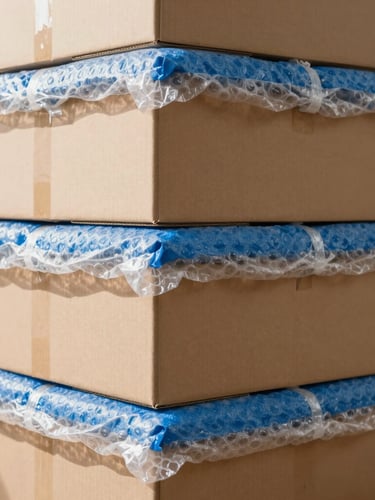 Close-up editorial photography of thick double-walled moving boxes neatly stacked, with heavy-duty bubble wrap and custom blue furniture blankets visible, warm natural daylight, sharp focus.