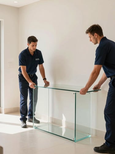 Professional movers in clean navy uniforms carefully wrapping a premium glass console table in a bright Dubai villa, natural daylight, warm clean tones, sharp focus, 35mm lens.