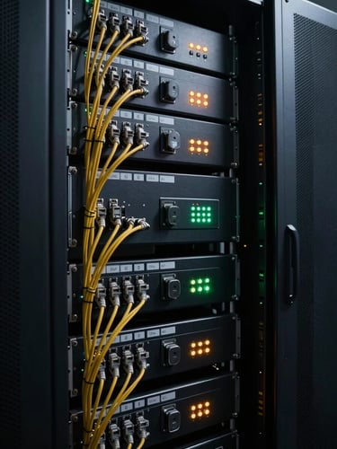 Wide shot of a professional AV equipment rack inside a darkened server room, patch cables routed with precision and labeled, indicator LEDs glowing amber and green, cinematic tungsten key light raking across the rack face from the left, deep shadow on the right side, no people visible