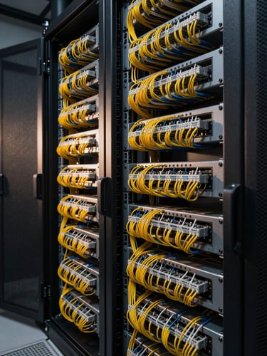 Wide shot of a structured cabling rack inside a dark server room, dense fiber and ethernet runs organized in precise parallel rows, cinematic tungsten key light raking across the cable bundles from the left, deep shadows emphasizing the geometry of the infrastructure, no people